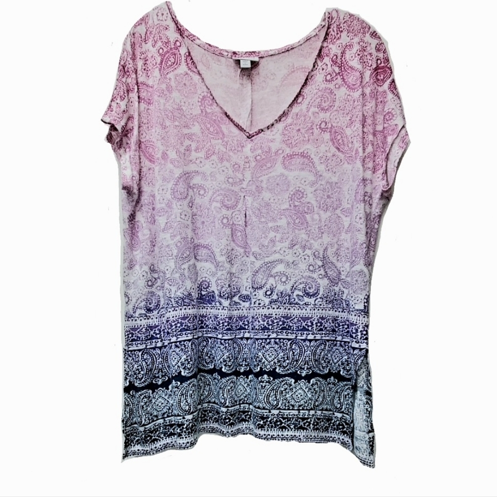 J.Jill Love Linen Paisley  Tunic Top Gradient Ombre Pink Purple Blue Size Large